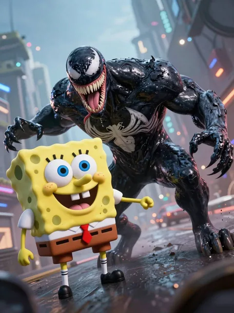 A mix of Venom and Sponge bob! The style is highly detailed, hyperrealistic, cinematic photography. It MUST NOT be illus
