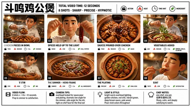 Create a crisp, clean infographic storyboard poster for 斗鸣鸡公煲. Wide 16:9 layout, white background, black borders, bold b