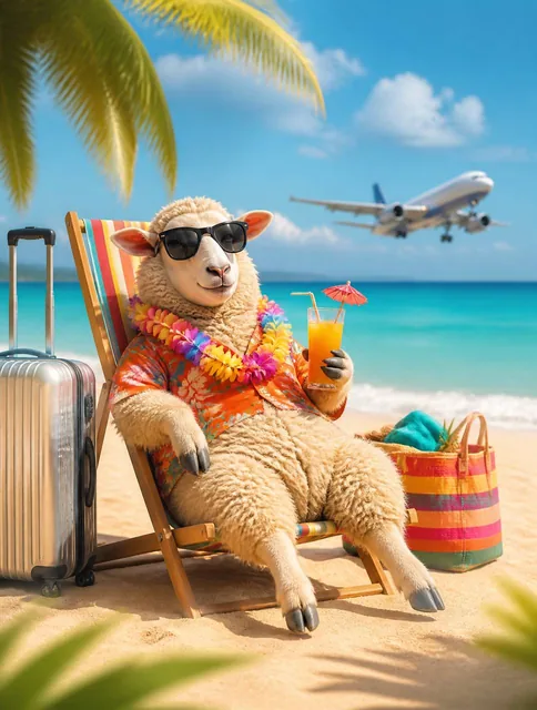 Ultra-realistic tropical Eid vacation scene featuring a fluffy sheep relaxing on a colorful striped beach chair on a sun