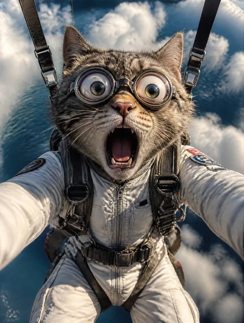 A hyper-realistic cat with a humanoid face reflecting pure emotion, its mouth agape in astonishment, its eyes bulging be