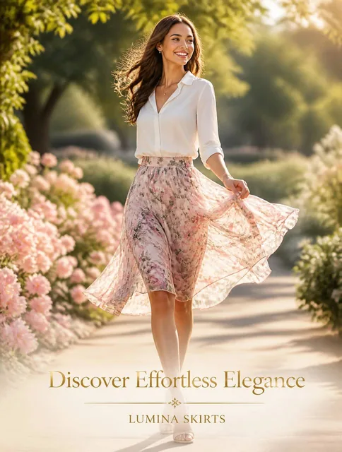 "Beautiful high-fashion advertisement for women's skirts, a graceful young woman in her mid-20s with a warm smile and el