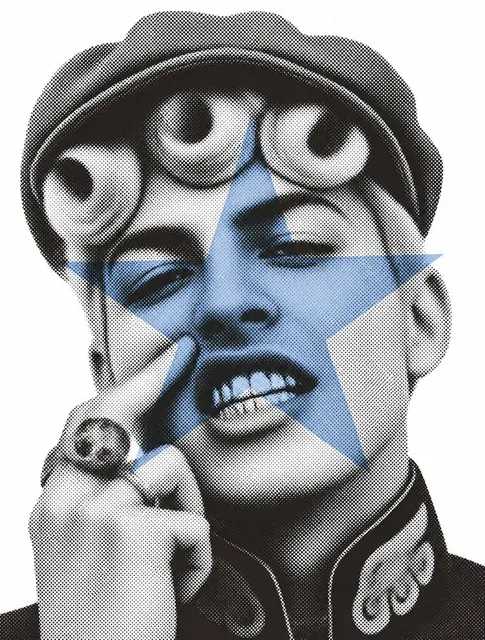 A high-contrast portrait giorno giovanna halftone dot pattern that breaks the image into coarse, monochromatic pixels. T
