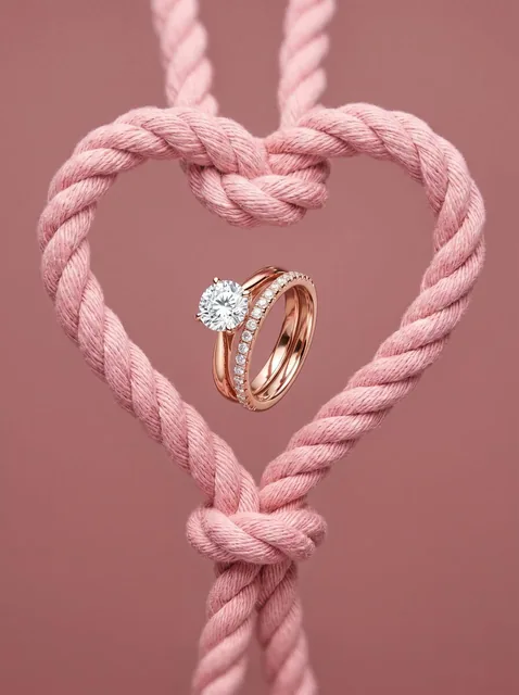 A pair of intertwined rose gold engagement rings featuring a prominent solitaire diamond and a pavé-set band hangs suspe