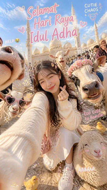 Ultra-realistic super cute chaotic Eid al-Adha selfie photograph in front of a dreamy pastel-toned grand mosque during b