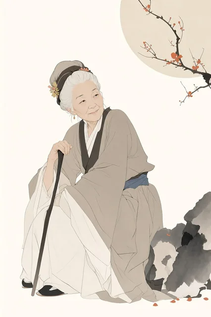 一张极简主义现代杂志风格插画，主体为红楼梦里的刘姥老。画面以干净流畅的线条塑造形象，造型简洁但富有美感，背景保留大面积留白，配色以柔和中性色为主，并加入少量鲜艳色彩作为视觉焦点。整体构图精致平衡，氛围优雅清新，具有高级杂志插画与现代艺术海报
