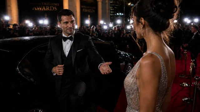 A handsome man in a sharp black tuxedo exits a luxury car, the image shows the man stepping his foot out of the car befo