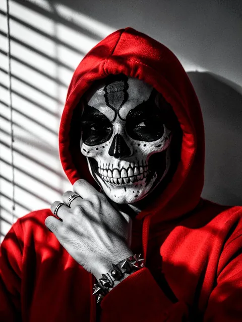 A close-up portrait of a person wearing a vibrant red hooded sweatshirt, with the rest of the scene desaturated into hig