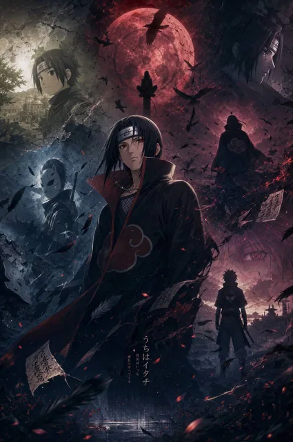 Character: Itachi UchihaDesign a cinematic narrative growth poster centered on Itachi Uchiha, where the present version