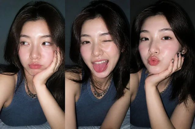 Ultra-realistic Gen Z selfie photo collage, three vertical smartphone flash selfies of a young woman with long wavy blac