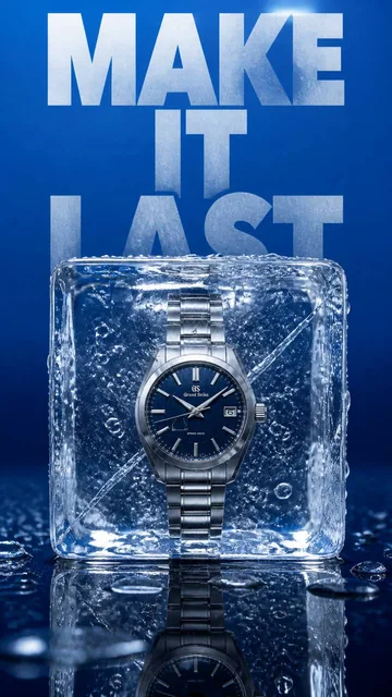 A premium 9:16 conceptual luxury watch campaign.Main Visual:A luxury stainless-steel wristwatch positioned exactly in th
