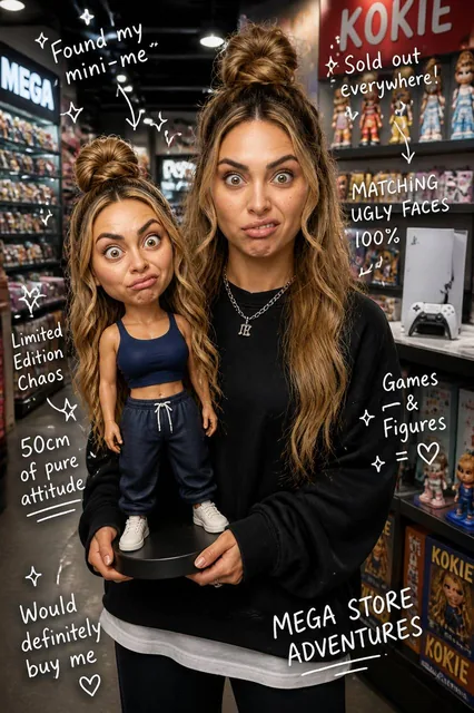 Use the attached reference photo only for identity reference.Create an ultra-realistic collectible Mega games store phot