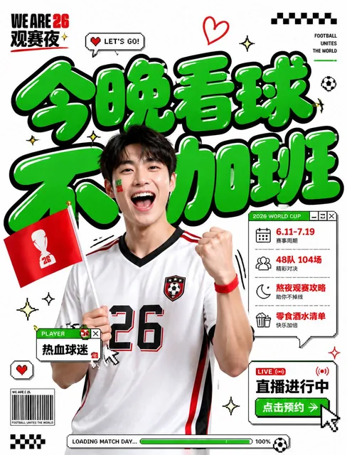 围绕「2026世界杯观赛指南」主题生成一张高明度清透的潮流人物视觉，主体以清晰抠像照片或拟真人像置于画面中轴偏前，人物边缘干净、皮肤与服装保留真实光泽，身体局部自然压住后方字形，形成前景人物与后场图形互相咬合的层次。主标题做成极大尺度泡泡字