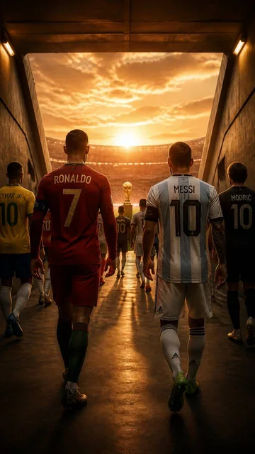 Famous soccer players Ronaldo and messi on other side in iconic jerseys approaching a FIFA World Cup trophy, walking thr