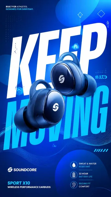 A premium commercial sports-lifestyle advertising poster featuring modern wireless sports earbuds centered against a vibrant electric-blue backdrop with bold 'KEEP MOVING' typograp