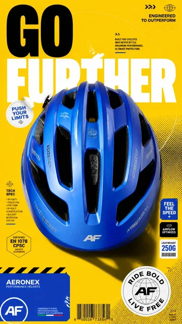 A premium 9:16 sports-fashion advertising poster with a large cobalt-blue bicycle helmet centered against a bright yellow background, featuring bold 'GO FURTHER' typography and dyn