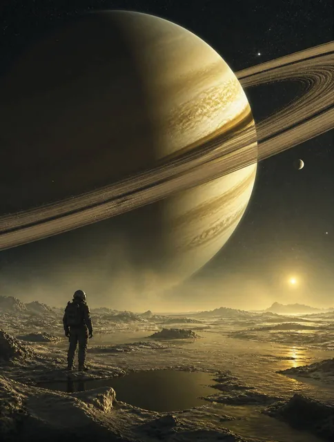 --style cinematic-photo \ --theme "Standing on the icy methane-frosted surface of Saturn's moon Titan, gazing up at the