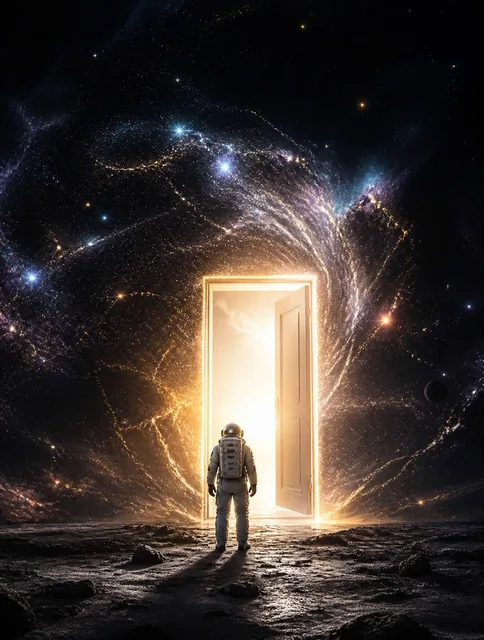 A lonely astronaut discovering a glowing door in the middle of the universe, stars bending around it, mysterious cosmic