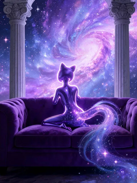 A glossy, anthropomorphic purple figure with a celestial, star-filled tail rests on a plush, vibrant violet velvet sofa,