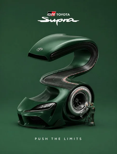 Create a creative 3D advertisement for [ TOYOTA GR SUPRA ], featuring a surreal object made from elements of the brand.