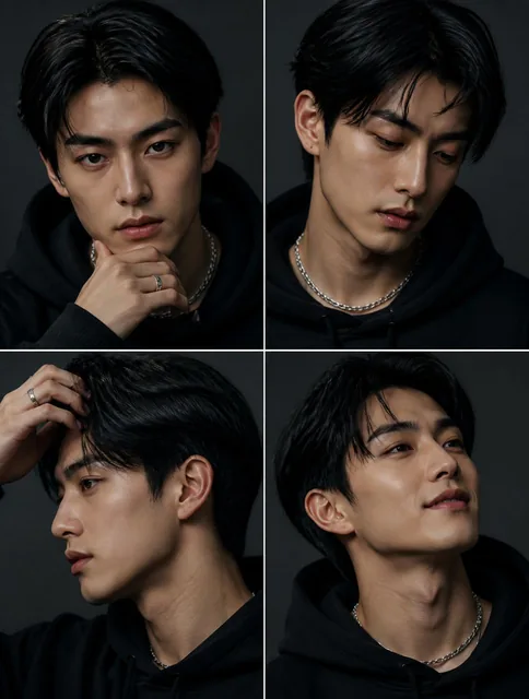A 2x2 grid of photorealistic portraits of a handsome Japanese man, shot on a smartphone, featuring natural skin texture, a black hoodie, and subtle silver jewelry against a dark st