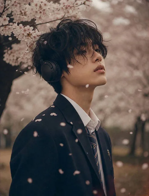 A young person in a navy school blazer and striped tie stands under cherry blossom trees, with pink petals falling around them, captured with a soft, film-grain aesthetic and a mel