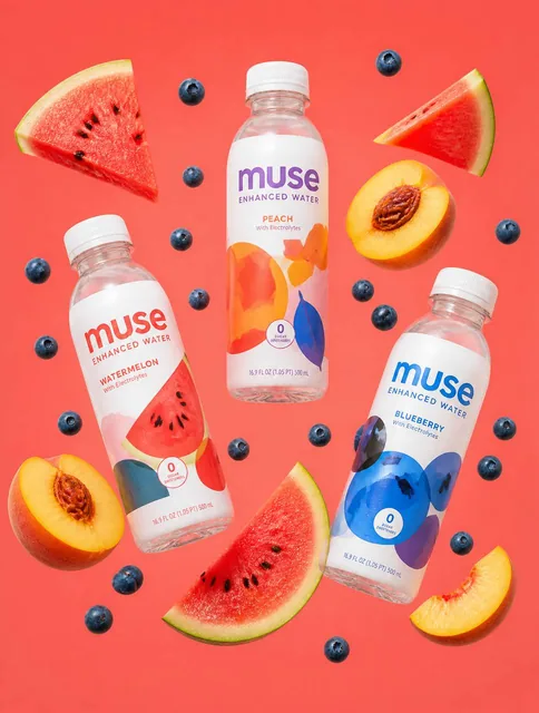 Three branded plastic bottles of Muse enhanced water are suspended in a weightless, gravity-defying composition against