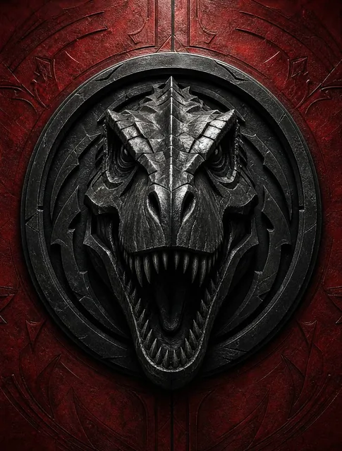 A massive 3D [T-rex] sculpted from matte black forged metal, mounted on a deep crimson red textured wall, ultra-premium