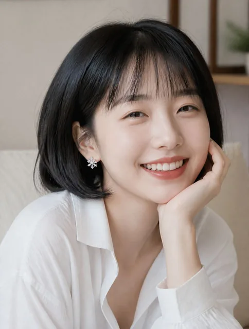 真实人像摄影，半身照，23 岁东亚年轻女生，柔和鹅蛋圆脸，柔和平缓骨相，自然齐刘海黑色短发，刘海轻薄带细碎空气感发丝，乌黑顺滑黑发。细长温柔单眼皮，深棕通透瞳孔，眼尾微微平缓上扬，淡裸色温柔淡妆，几乎无浓重眼影，细淡隐形眼线。圆润小巧柔和鼻