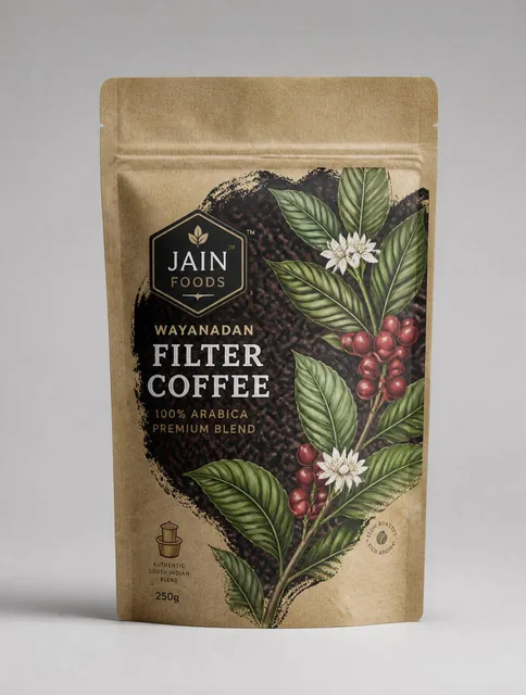 A vertical kraft paper stand-up pouch for "Jain Foods Wayanadan Filter Coffee" stands centered against a neutral, minima