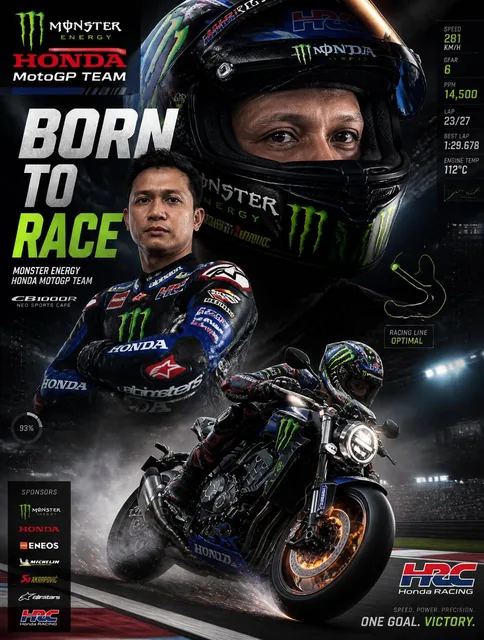 Monster Energy HONDA MotoGP Team VersionCreate an action-packed MotoGP racing poster featuring the rider from the attach
