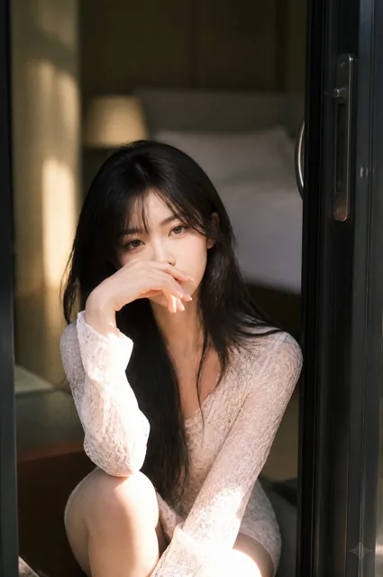 A beautiful Asian woman with long, flowing dark hair sits gracefully in the threshold of an open glass doorway, her hand