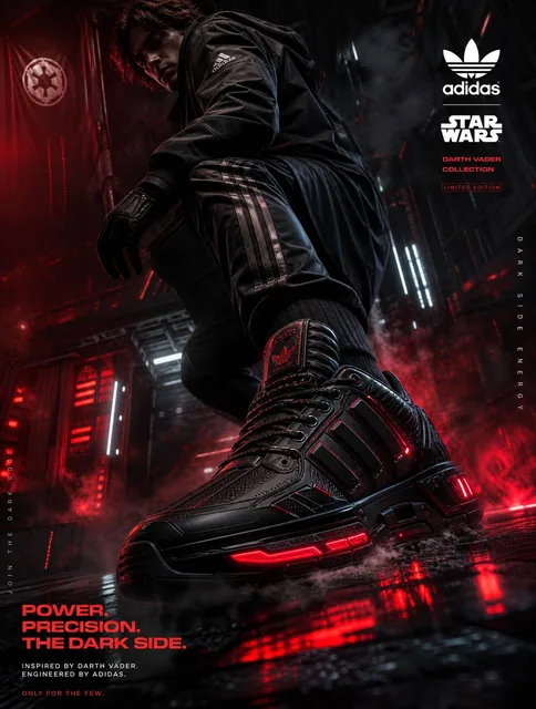 Got it—here’s your tweaked prompt focused on Adidas Darth Vader shoes:Create an ultra-premium footwear advertising poste