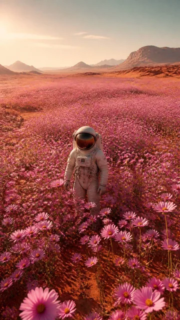 A highly detailed astronaut in a realistic, well-textured space suit standing at the center of a vast field of pink cosm