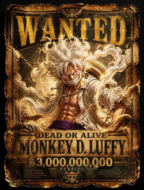 Legendary pirate wanted poster featuring Monkey D. Luffy in Gear 5 form, standing confidently in the center with a huge