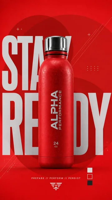 A premium commercial sports campaign poster for a reusable water bottle, featuring bold red typography reading 'STAY READY' and dynamic graphic elements.