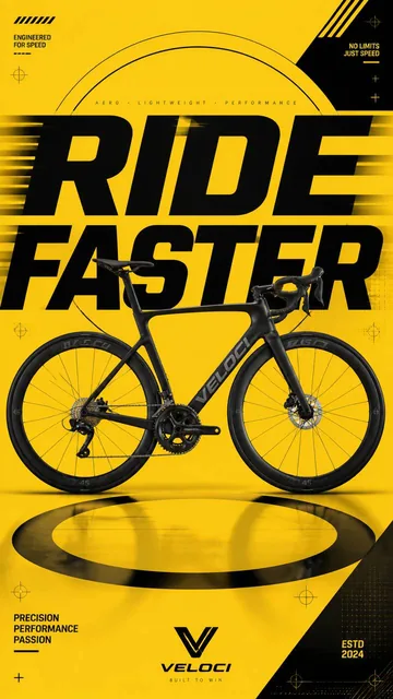 Premium commercial fitness advertising poster with a modern road bicycle in the center, bold yellow background, black graphic accents, and large 'RIDE FASTER' typography.