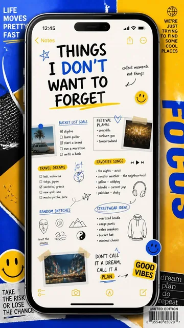 A premium 9:16 lifestyle advertising poster.Main Subject:A giant realistic smartphone notes app filling most of the comp