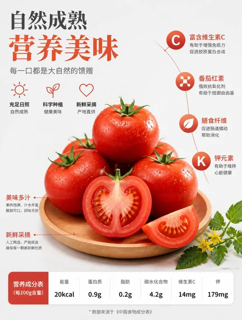 一张简洁的高端食品广告海报，背景为浅灰白色摄影棚背景，以 {argument name="fruit name" default="番茄"} 作为主体。在画面中心，展示 7 个摆放在浅圆形木盘上的番茄：5 个成熟的红番茄自然堆叠成金字塔状，