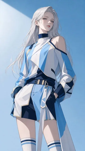 A high-fashion illustration of a silver-haired model embodying a cold, elegant aesthetic, inspired by Argentinian football team colors and high-end.