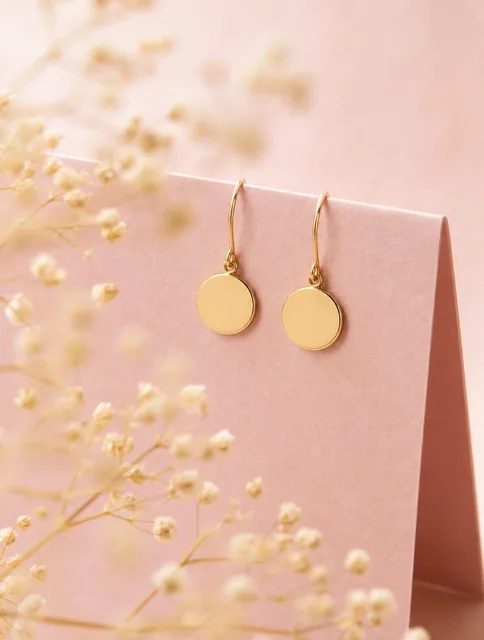 A pair of minimalist gold disc earrings hang delicately from the edge of a folded, matte-finish pastel pink cardstock. T