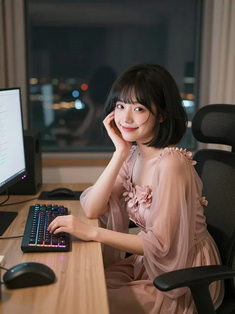 A young East Asian woman with a short black bob haircut and wispy bangs is sitting in her cozy high-rise streamer studio