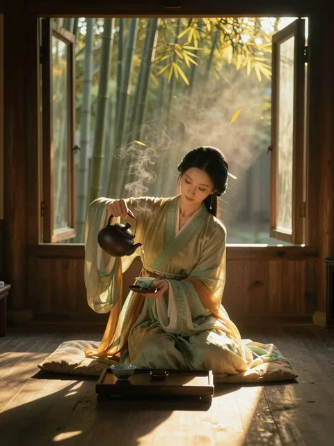 A full-body, cinematic vertical portrait in 3:4 ratio of a graceful Tang Dynasty Chinese Cha Nu, she kneels on a worn cu