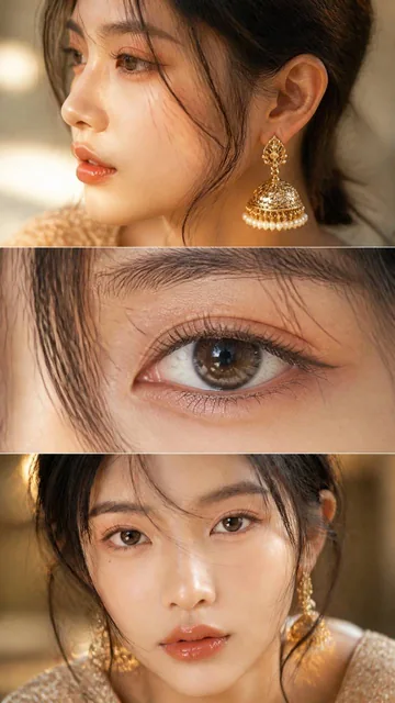Luxurious cinematic feminine beauty collage in three elegant horizontal frames, editorial fashion photography, ultra-rea