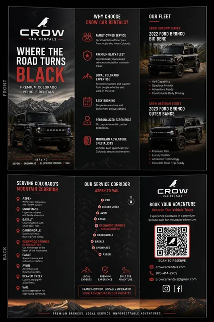 Design a Premium Print-Ready Tri-Fold Brochure for Crow Car RentalsProject OverviewDesign a luxury tri-fold brochure (fr