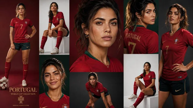Create a luxury sports fashion collage editorial featuring a stylish young Portuguese woman in Portugal national footbal