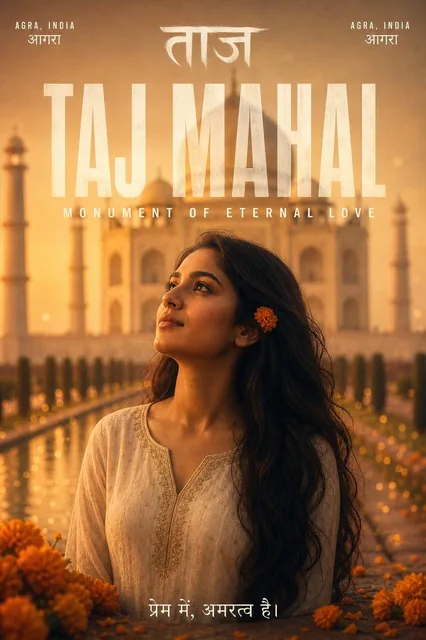 A cinematic vertical portrait of a young South Asian woman with a marigold flower in her hair, standing before the Taj Mahal at golden hour. Text overlays include Devanagari script