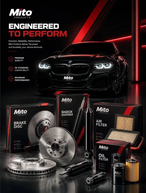A commercial product photography layout in instagram portrait size featuring an array of automotive parts—brake discs, s