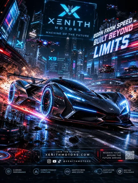 Create an insanely cinematic luxury automobile advertising flyer with a “Machine of the Future” concept that feels like