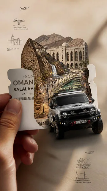 Create an ultra-photorealistic luxury travel-art masterpiece featuring a human hand naturally holding a realistic Oman S