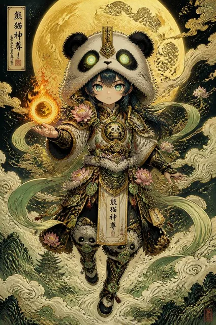 A vertical full-body anime illustration of a mystical child deity floating in the sky, wearing an ornate ceremonial Chin